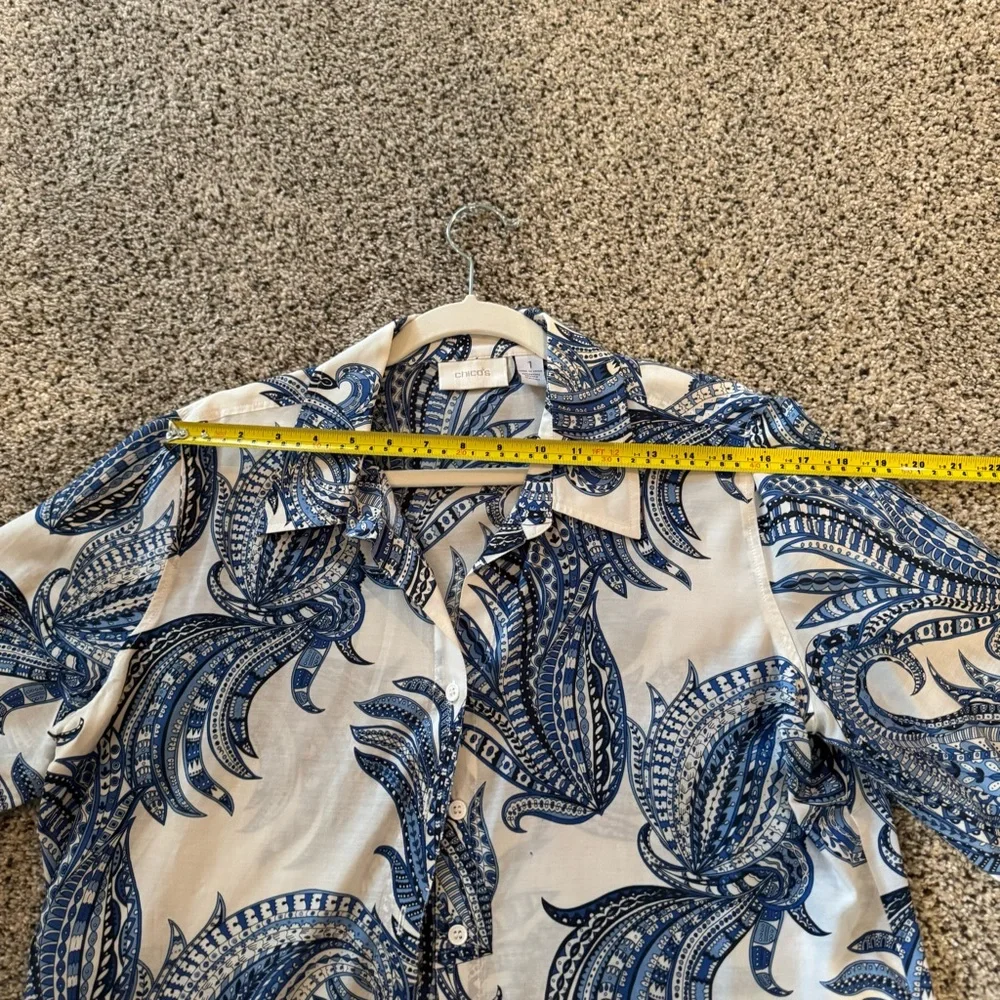 Chico's Blue and White Boxy Button Down Shirt in medium blue paisley - Picture 3 of 14